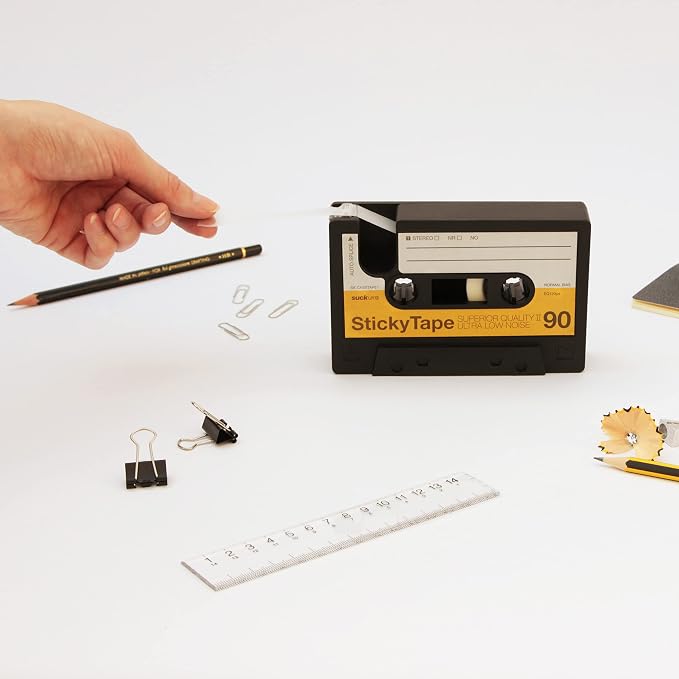 Suck UK Tape Dispenser - Retro Cassette Tape Dispenser Desk - Retro Desk Accessories - Novelty Office Accessories - Sticky Holder - Double Sided Organiser - Old School Stationery Gift - Refillable