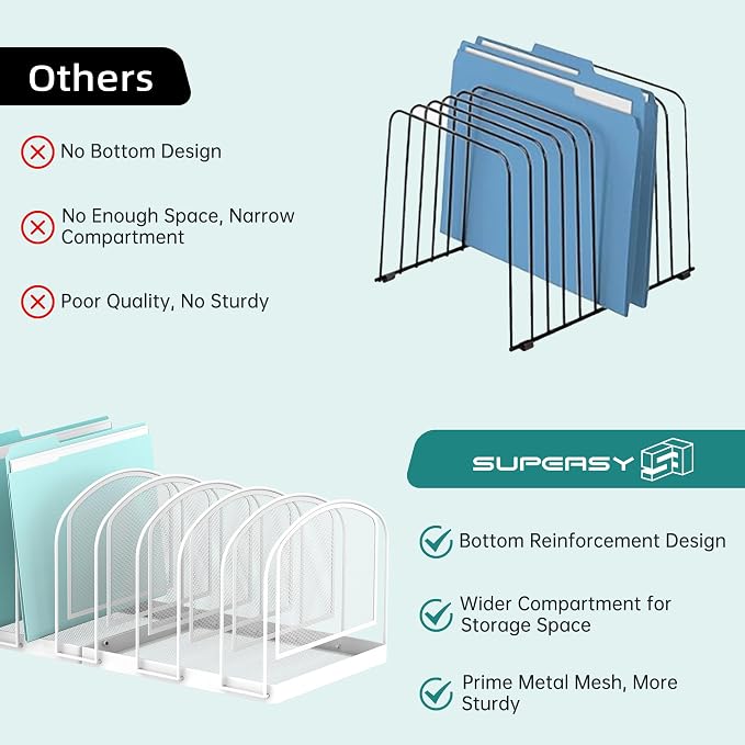 SUPEASY 9-Section File Organizer for Desk, Metal File Folder Holder, White | 9 Vertical Compartments with Sturdy Metal Base for Office Documents Books Magazines and Laptop