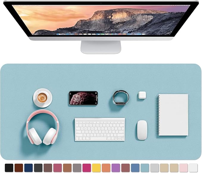 Hsurbtra Desk Pad, 35.5" x 17" PU Leather Desk Mat, XXL Extended Mouse Pad, Waterproof Desktop Blotter Protector, Non-Slip Ultra Thin Large Laptop Keyboard Writing Mat for Office Home, Lake Blue