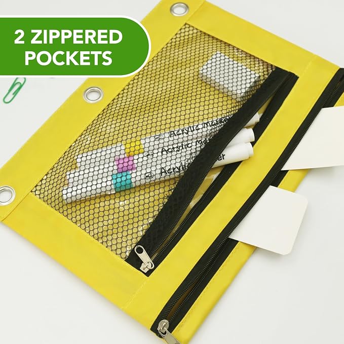 Pencil Pouch for 3 Ring Binder, Heavy Duty Canvas Dual Zipper Pen Bag with Clear Window, Smooth Metal Zipper, Fit Standard 3-Ring Binders for School Office Travel Supplies (Yellow)