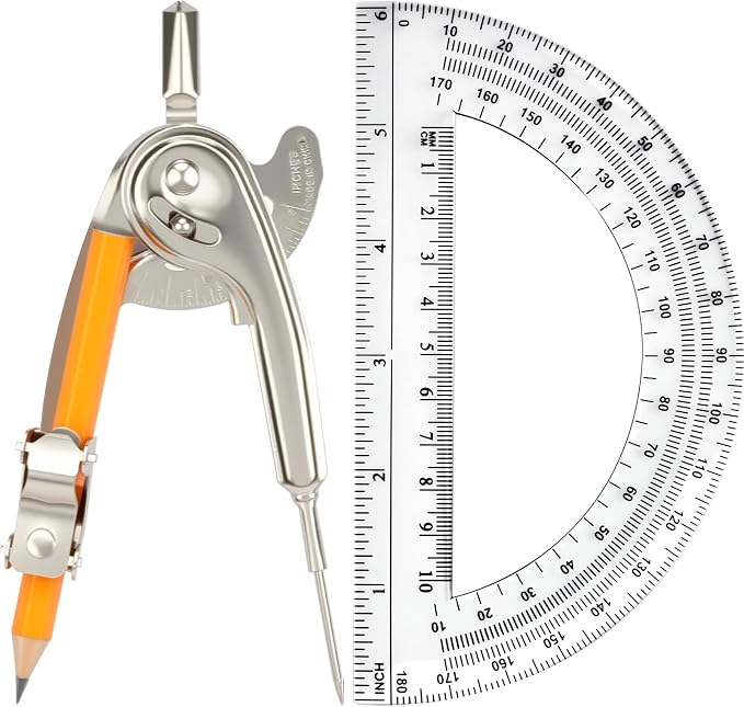 Mototo 2-PCS Geometry Tool Set, Math Compass for Geometry and 6 Inch Protractor Set Include Metal Compass with Pencil and Clear Plastic Protractor for Student Classroom Office Woodworking Art Drawing