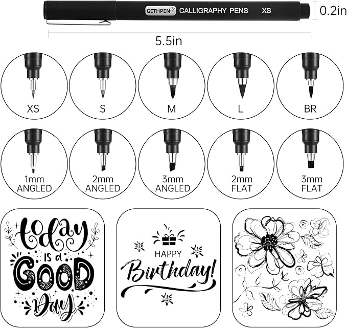 GETHPEN Calligraphy Brush Pen Set,10 Sizes Black Archival Ink Markers | Calligraphy Pens for Beginners, Black Archival Ink, 10 Sizes Calligraphy Markers, Writing, Drawing, Sketching, Scrapbooking