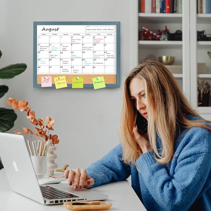 Whiteboard Calendar & Corkboard for Wall, 17x13 Inches Dry Erase Monthly Calendar with Wood Framed, Magnetic White Board Cork Board Combo, Bulletin Board for Home Office Kitchen Memo Planner