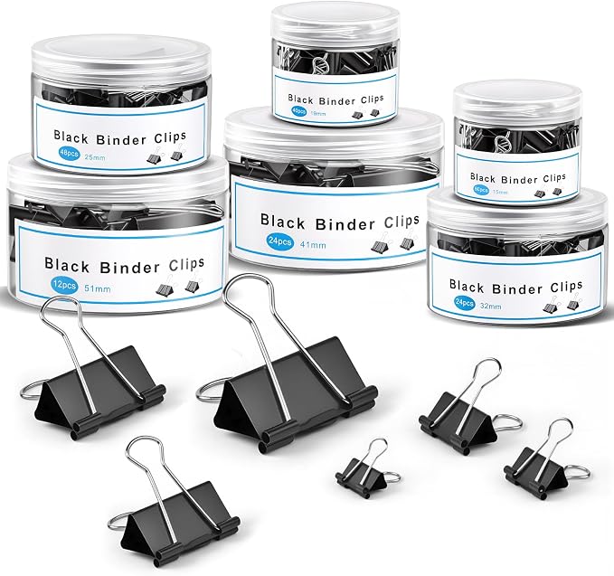 228 PCS Binder Clips Assorted Sizes, Extra Large Medium Small Mini and Micro, Metal Paper Binder Clip Black,Paper Clamps, 6 Sizes for Office Supplies, School and Home