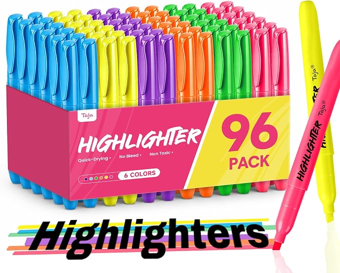 Taja Highlighters 96 Pack, 6 Assorted Colors, Bulk Pack Chisel Tip Marking Pens with Clean Ink, Suitable for School, Office, and Daily Use