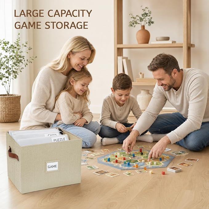 Collapsible File Storage Box with Lid, Beige | Office files & board games | Includes labels & glue dots | Fits A4/B4 papers | Faux leather handles & label window