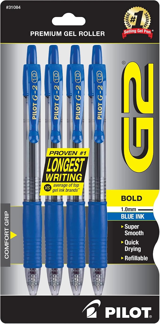 Pilot G2 Premium Refillable & Retractable Rolling Ball Gel Pens, Bold Point, Bold Gel Pens, 1.0 mm, Blue Ink, 4-Pack