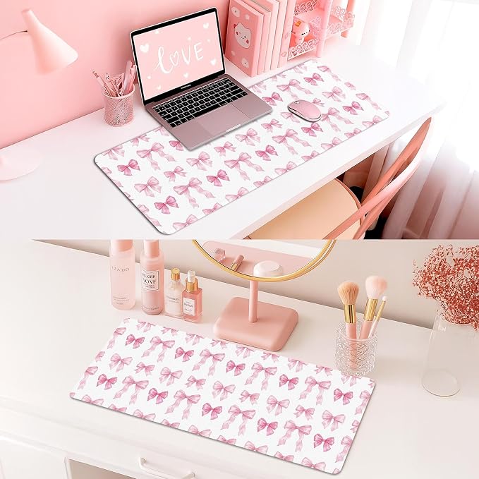 Britimes Pink Ribbon Bow Desk Mat Cute Girl Deak Pad Non-Slip PU Leather Large Keyboard Mouse Pad Office Desktop Accessories for Office,Work,Home Decor(31.5"X15.7")
