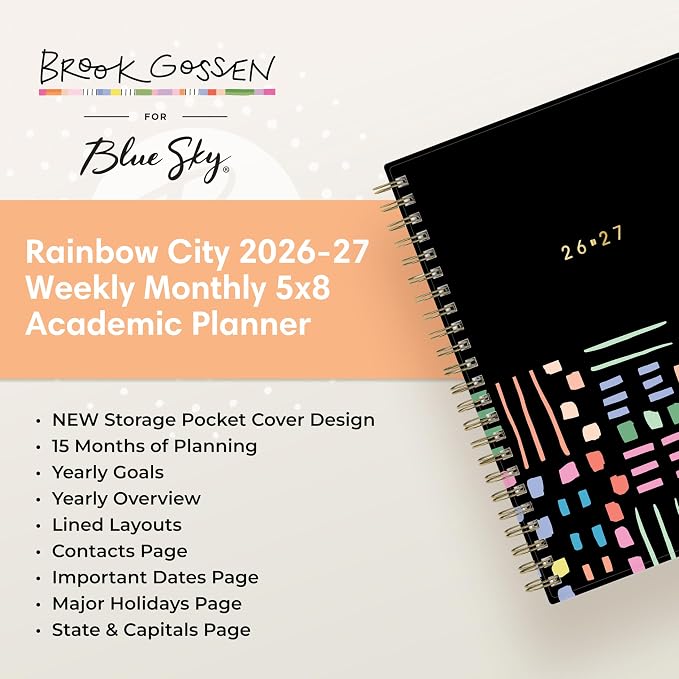 Blue Sky 2026-2027 Weekly & Monthly Academic Planner, 5"x8", Rainbow City | 15-Month, April 2026 - June 2027, Flexible Cover With Zip Pouch, Wirebound, Tabs, Storage Pocket, Academic Year, Brook Gossen