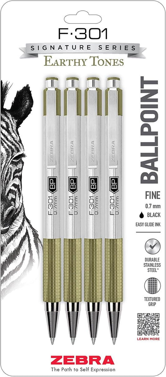 Zebra Pen F-301 Signature Series Ballpoint Pen, Black, 0.7mm, 4-Pk (27244) | Stainless Steel Barrel, Easy-Glide Ink, Sage Earth-Tone Barrel Accents, Fine Point Tip, Ideal for Planners & Note-Taking