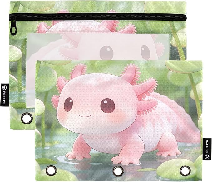 Cute Axolotl Pencil Pouches for 3 Ring Binder, Zipper Binder Pencil Case, 2 Pack Clear Window Case Bag for Office Organizers