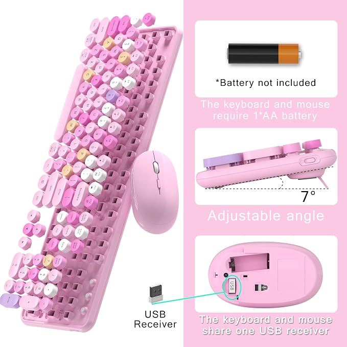 MPTOG Colorful Wireless Computer Keyboard and Mouse Combo with Round Typewriter Keycaps, Retro Design, Power Switch, Ergonomic Design, 2.4GHz Wireless for Windows, Mac, PC(Pink-Colorful)