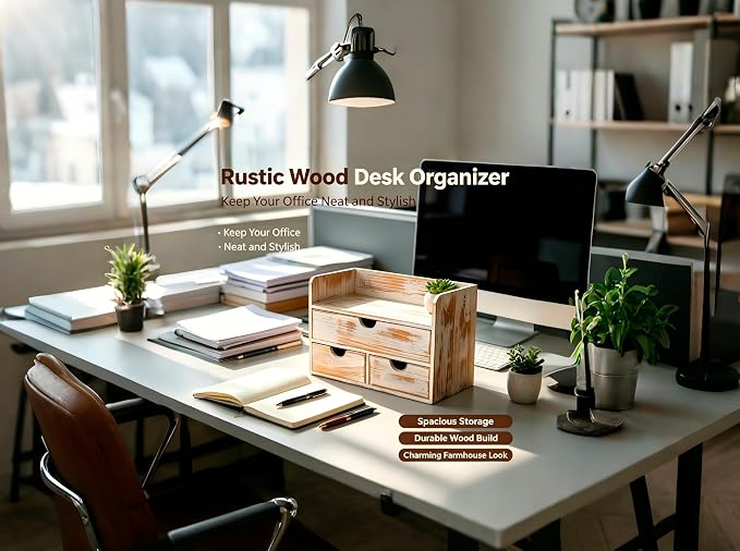 Vintage Rustic Brown Wooden 3 Drawer with Shelf Office Desk Organizer & Mail Rack For Desktop,Box for Office Home Toiletries Supplies Vanity, No Assembly Required (Rusitc White)