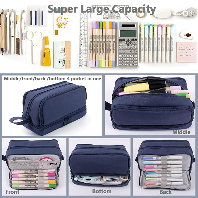 MAMUNU Large Capacity Pencil Case 4 Compartments, Pencil Pouch Bag with Zipper Portable Handle, Pen Case Bag Stationery Organizer for Office College School Adults Teen Girls Boys Men Women, Dark Blue