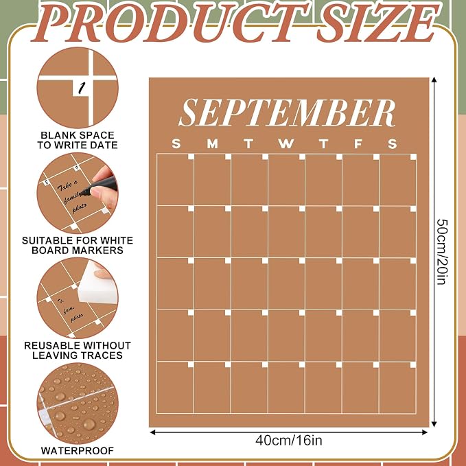 12 Pcs Brown Undated Calendars 16‘' x 20‘' Large Classroom Erasable Wall Calendar 12 Month Dry Ease Reusable Planning Yearly Blank Planner Reserved Grid for Office Home Educational Study Back to Class