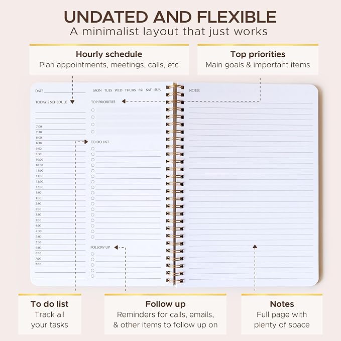Simple Daily Planner Undated with Hourly Schedule - 6.5x9.25" Sage Green Day Planner & Spiral To Do List Notebook - Aesthetic and Cute Work Journal, Task Organizer Notepad and Productivity Planners