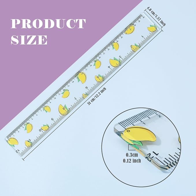 BAYTORY 4Pcs Transparent Acrylic Ruler 12 Inch, Plastic Straight Rulers | Shatterproof Student Stationery Centimeters with Inches, for Classroom Essentials School Supplies (Fruit 12 Inch)