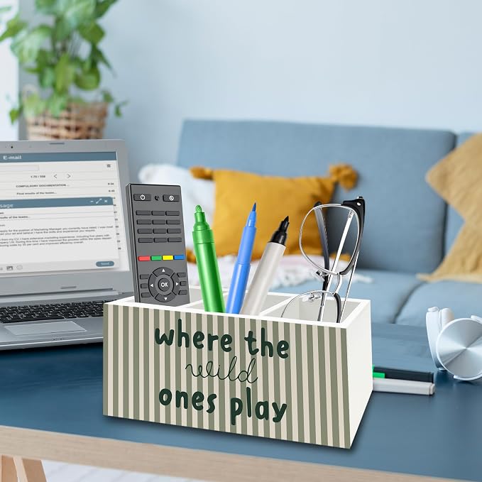 Kids Room Decor Pen Pencil Holder Organizer for Desk, Sage Green Striped Play Room Wooden Box Signs Decorations for Kids Boys Girls Room Bedroom Playroom Desk Tabletop