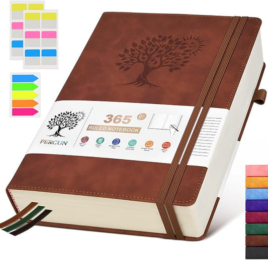 PERCUN B5 Lined Journal Notebook - 365 Page Large Leather Journals for Writing Women Men，Hardcover Notebook with 100Gsm Thick Pages，Daily Diary for Travel, Work，School，College Ruled (7.6" x 10.3")