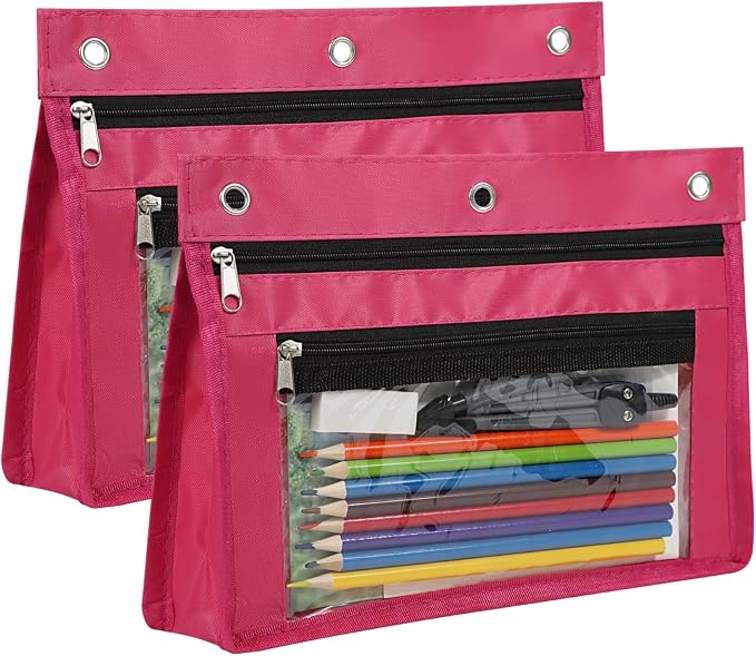 YoeeJob 2 Pack 1 Inch Expandable Zipper Pencil Pouches with Clear Window for 3 Ring Binder, Suitable for School & Office（Rose red）