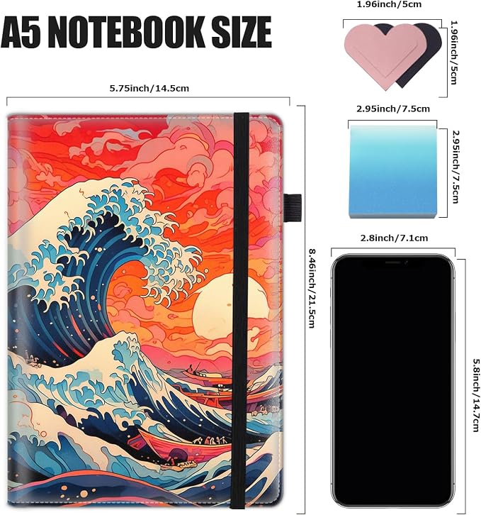 Hardcover Executive Notebooks, A5 PU Leather Lined Journal Notebook, 200 Pages Thick Paper Subject Notebooks for School,Work,Home Writing Business Notebook, Diary Book ， Waves
