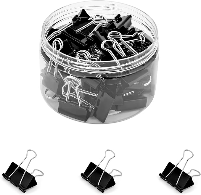 Temiary Binder Clips, Medium Metal Binder Paper Clip Black 0.98Inch, 48 Pcs | Paper Clamps with Clear Storage Container, Binding Paperwork Clamps for School Teachers Office Supplies