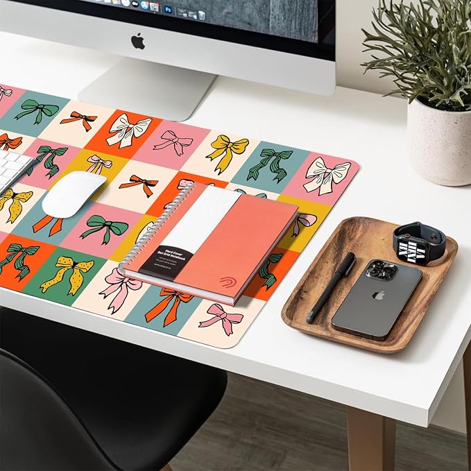 Cute Bows Large Mouse Pad, Desk Matt for Desktop, PU Leather Waterproof Desk Pad, Computer PC Laptop Protector Gaming Mouse Pads for Women Office Decor (31.5" x 15.7")