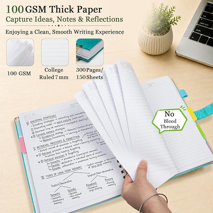 Hardcover Spiral Notebook 8''x 10'' College Ruled Notebook with Magnetic Closure, 300 Pages 5 Subject Notebooks with Pocket Dividers for Work School, B5 Leather Journal for Women, Men (Cyan)