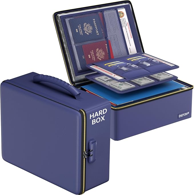 ENGPOW Fireproof Document Box with Lock & Heat-Resistant Fireproof Zipper | 6400°F 12-Layer Fire Protection, Hard File Organizer with Pockets, Portable Home Chest Safe Storage for Money,Jewelry, Blue