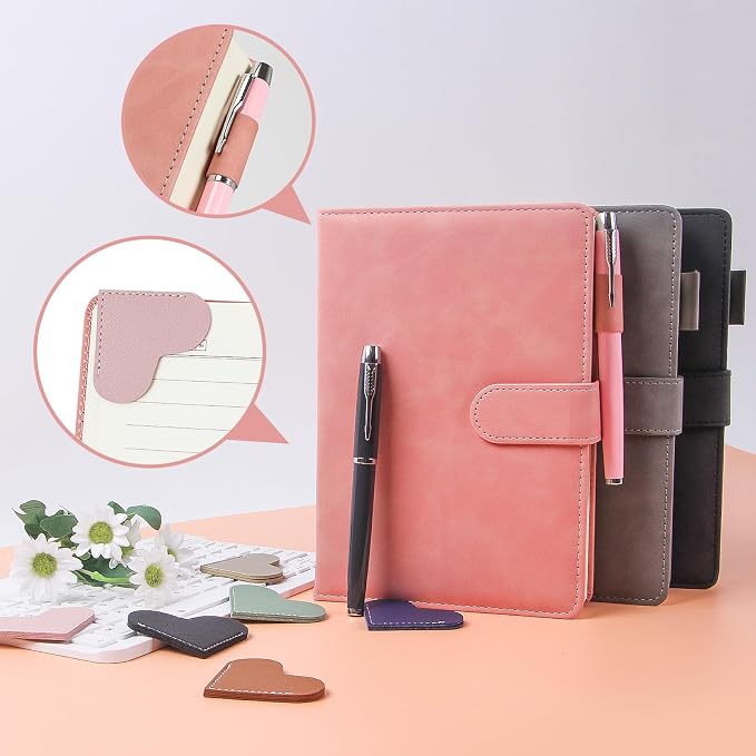 A5 Leather Journal for Women Men, Hardcover Notebook Set with Pen, Pink | 360 Pages 100GSM Lined Paper, Includes 6 Heart Bookmarks, Gift Box & Bag. Birthday, Graduation, Christmas, Appreciation Gifts