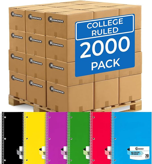 Rosmonde 2000 Packs (Pallet) 1 Subject Notebooks, Spiral Notebook Bulk, College Ruled, 70 Sheets (140 pages), 8 x 10-1/2", Pallet of Notebooks, Bulk Spiral Notebooks for School, 4-7 Days Transit