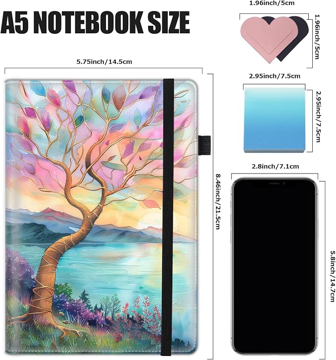 Hardcover Executive Notebooks, A5 PU Leather Lined Journal Notebook, 200 Pages Thick Paper Subject Notebooks for School,Work,Home Writing Business Notebook, Diary Book ，Watercolor Flower Tree