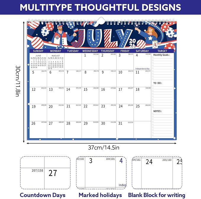 2026-2027 Wall Calendar, 14.5" x 11.8" 18 Month Festival | July 2026-December 2027 120Gsm FSC-Certified Paper Monthly Calendar, Twin-Wire Binding, Ruled Blocks, Holiday Reference