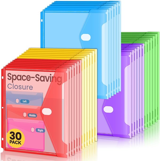 Sooez 30 Pack Binder Folders Organizer with Staggered Closures, Super Heavyweight Binder Pockets for 3 Ring Binders, High Capacity Binder Pouch, Side Loading, School Supplies, Letter Size, 5 Color
