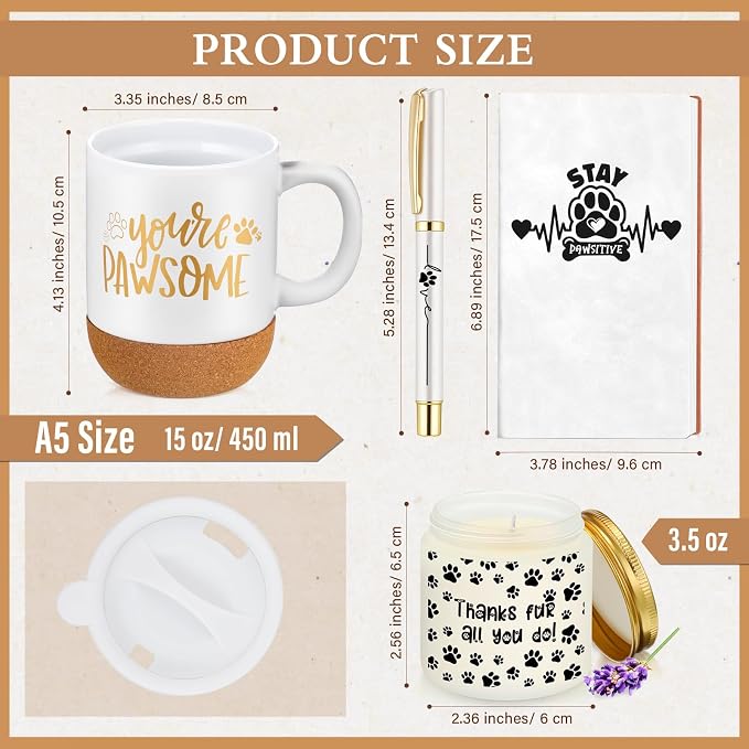 Sayglossy 4 Pcs Veterinary Gift Set Thank You Gift for Vet Tech Veterinary Assistant Animal Lover Pet Groomers Dog Sitter Trainer Paw Print Notebook Coffee Mug Scented Candle Pen for Vet Tech Week