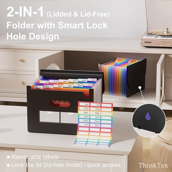 ThinkTex Accordion File Organizer, 12 - Pocket Expanding File Folders | for Paper Receipts, Bills&Taxes Organizer, Portable Letter/A4 Size Document Holder for School, Office, Home