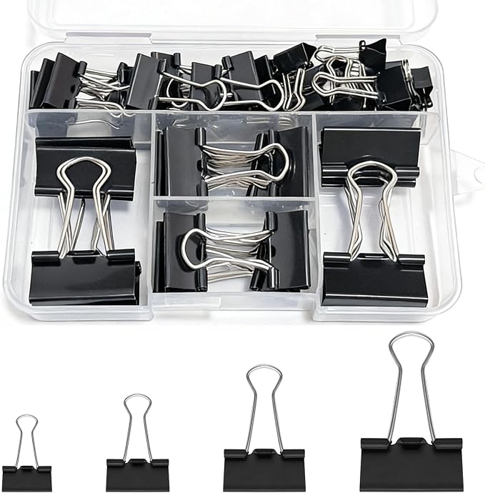 60PCS Black Binder Clips Assorted Sizes, 4 Size Assortment-Includes Large, Medium, Small, Mini Metal Clips(1.26”, 1.1”, 0.75”, 0.6”), Heavy-Duty Metal Paper Clamps for Office & School Supplies