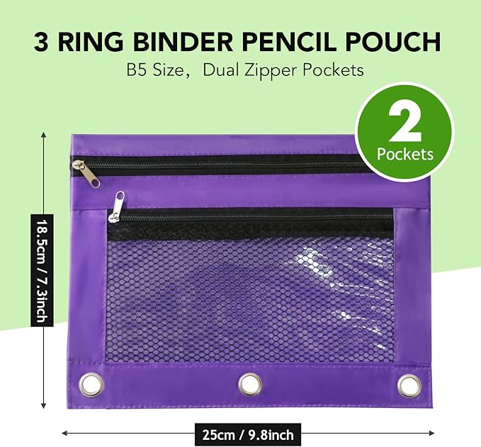 Pencil Pouch for 3 Ring Binder, Heavy Duty Canvas Dual Zipper Pen Bag with Clear Window, Smooth Metal Zipper, Fit Standard 3-Ring Binders for School Office Travel Supplies (Purple)
