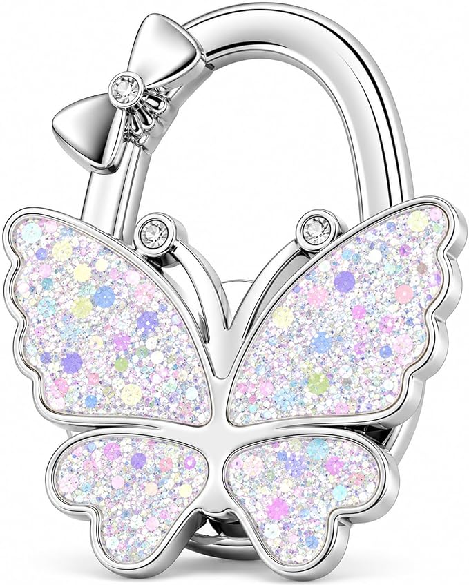 Purse Hook for Table, Foldable Handbag Hanger for Women, Portable Bag Holder with Non-Slip Base, Cute Bling White Butterfly Purse Table Hook for Restaurant Office Travel Gift