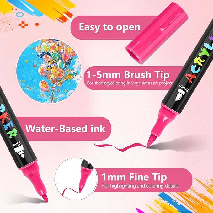 IVSUN 100 Colors Acrylic Paint Pens, Dual Tip Paint Markers | Fine & brush tips, ready to use, includes portable carrying case, works on rock, wood, canvas, ceramic, glass and metal.