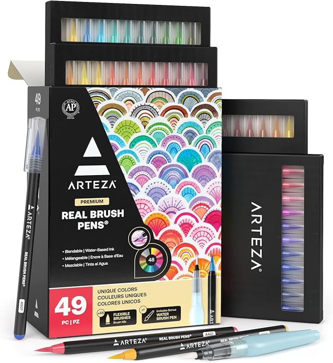 ARTEZA Real Brush Pens, 48 Colors, Watercolor Pens and Drawing Markers with Flexible Nylon Tips, Bonus Water Brush for Coloring, Sketching, Lettering and Art Journaling