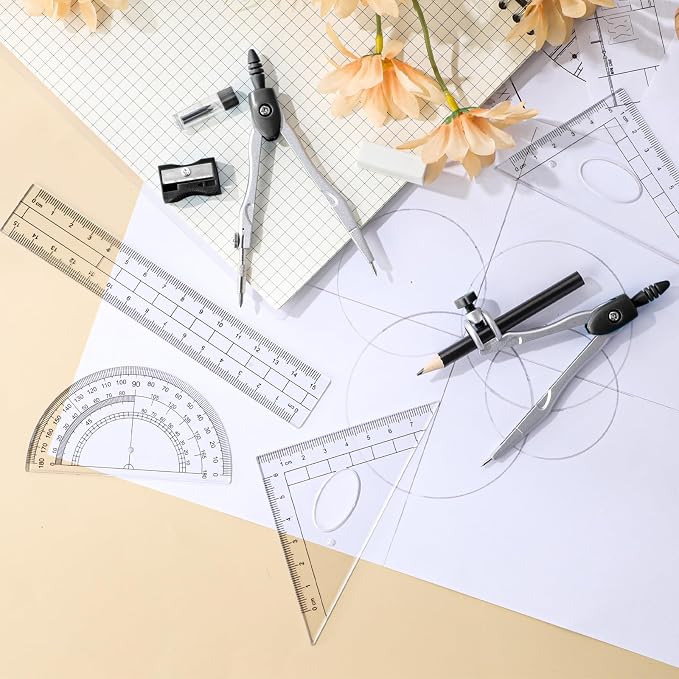 Zonon Math Geometry Set for Students 10 Pcs Compass Geometry Tools Kit Includes Protractor Compass Lead Refills Rulers Pencil Sharpener Eraser Pencil Storage Box for Drafting and Drawings(Black)