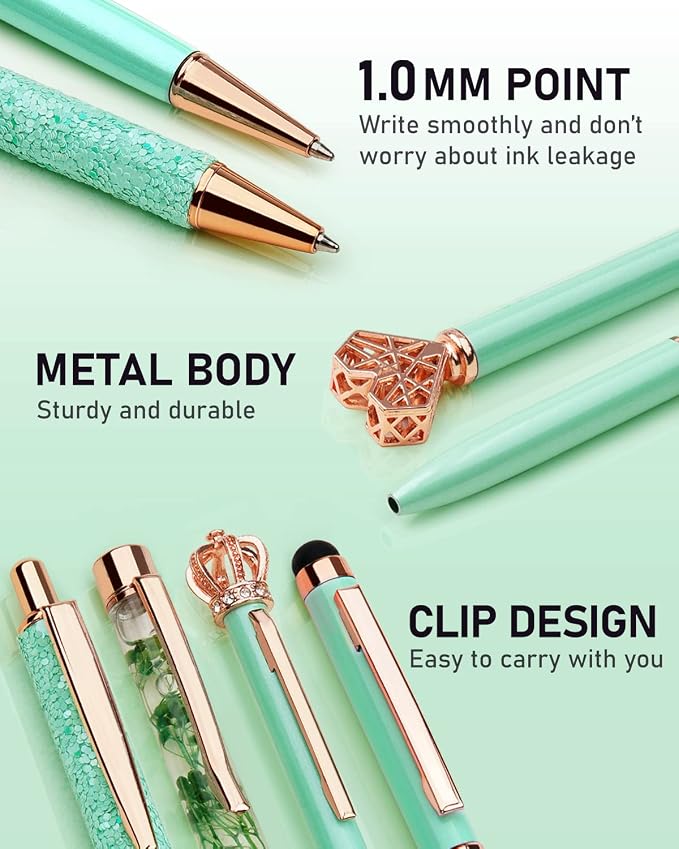 WEMATE 8Pcs Green Pens, Metal Crystal Diamond Pens with Black & Blue Ink | Cute Fancy Pens for Journaling, Office Supplies, Gifts for Women Girls, Birthday & Back to School Supplies