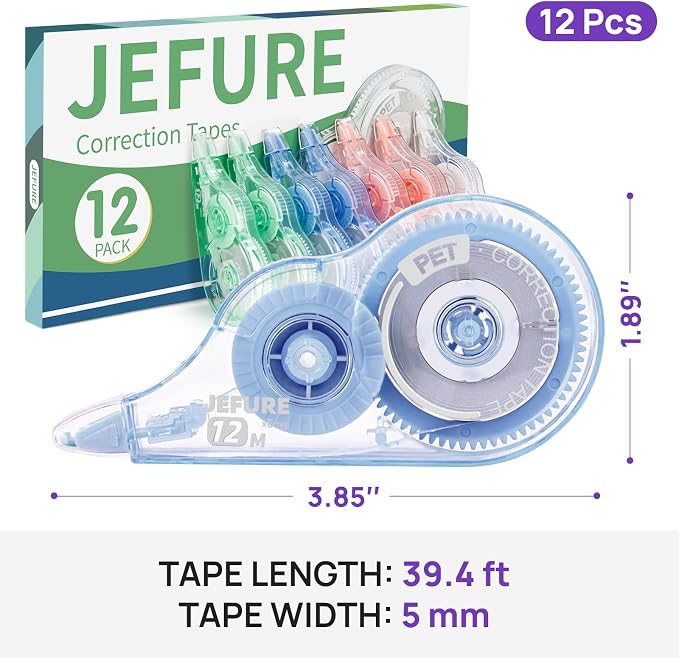 12 Pcs Colorful Core Correction Tape, 39.37 Ft White Wrong Out Tear-Resistant Bulk, Instant Corrections Easy to Use Applicator for School, Office, Note Taking, Journal (Tape Width 0.2 in)