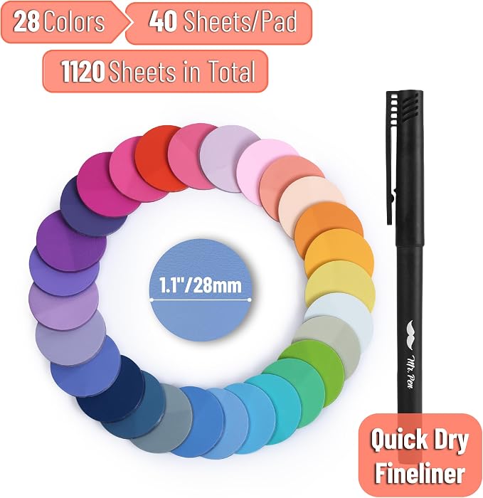 Mr. Pen- Round Transparent Sticky Notes, 1.1” Diameter, 28 Pads | 1120 Sheets, Colorful, Water-Resistant See-Through Sticky Notes Bulk & Fineliner, Smooth Writing
