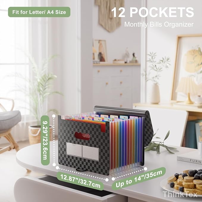 ThinkTex Accordion File Organizer, 12 - Pocket Expanding File Folders | for Receipts, Bills & Taxes Organizer, Portable Letter/A4 Size Document Holder for School, Office, home with Colorful tabs