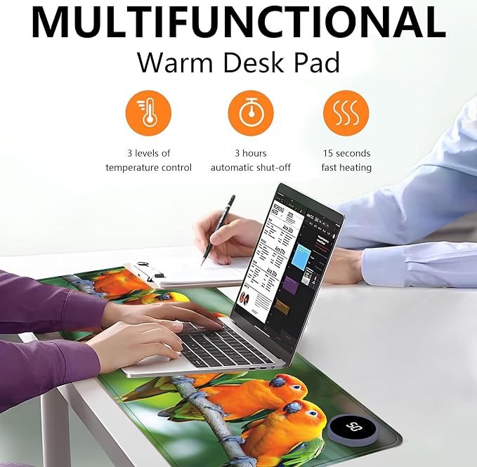 Heated Mouse Pad with 3 Levels Heated & 3 Hours Auto Shut-Off Mouse Pad for Warming Hands in Office Home, 23.6" x 14.2"Large Safe Desk Mat Hand Warmer，Parrots Meeting