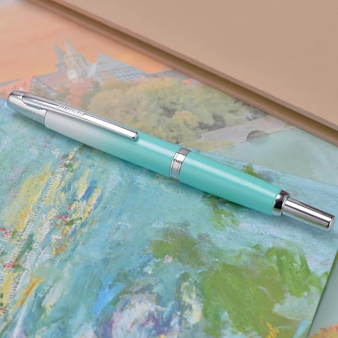 Jinhao 10 Press Fountain Pen with Box, Gradient Mint Green Retractable Fine Nib with Ink Converter Set (Silver Clip)