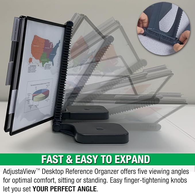 Ultimate Office AdjustaView 10-Pocket Desk Reference Organizer with Easy-Load Pockets and Compact Weighted Base for Stability, Black Pockets