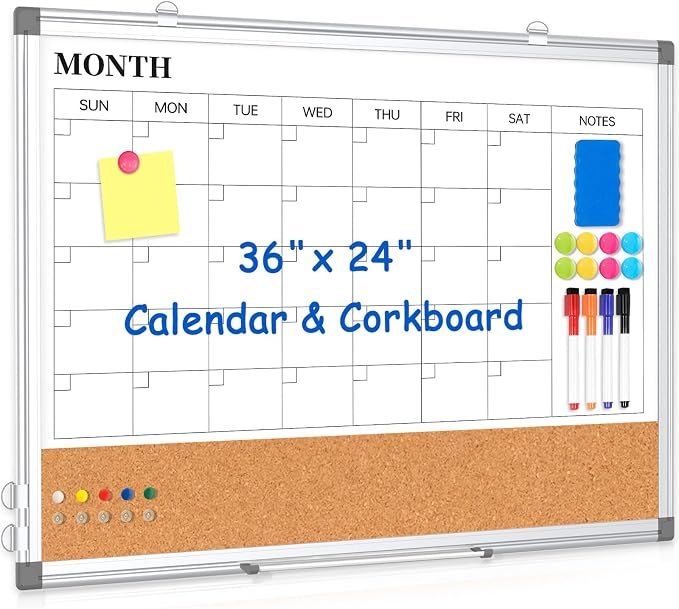 Monthly Calendar Whiteboard Dry Erase Cork Board Combo for Wall, 36" x 24" Magnetic Double-Sided Calendar White Board and Bulletin Board, Portable Board for Office, Kitchen, School, Home